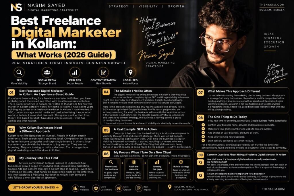 Premium black and gold digital marketing infographic featuring Nasim Sayed, titled ‘Best Freelance Digital Marketer in Kollam: What Works (2026 Guide),’ covering SEO, social media, paid ads, content strategy, local SEO, Google Business Profile optimization, client strategy, and digital marketing insights for Kollam businesses.”