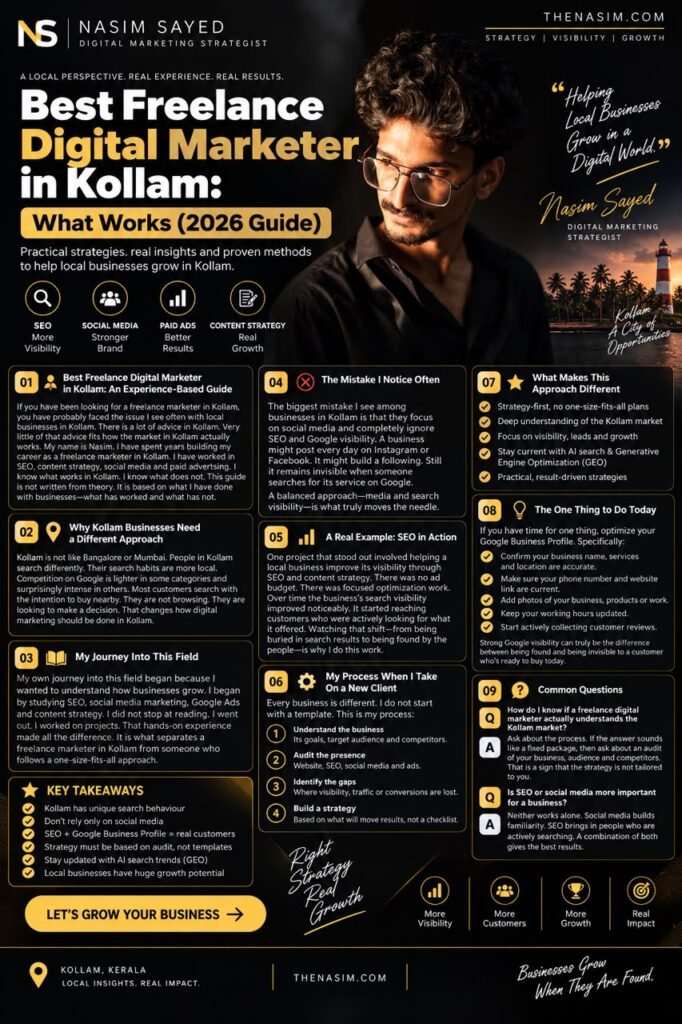 : Nasim Sayed, Digital Marketing Strategist, presenting a 2026 guide to becoming the best freelance digital marketer in Kollam, covering SEO, social media, paid ads, content strategy, local SEO, and practical strategies for Kollam businesses.