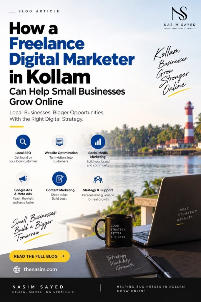 Freelance digital marketer in Kollam helping small businesses grow online through local SEO, website optimization, social media marketing, Google Ads, Meta Ads, and content marketing.