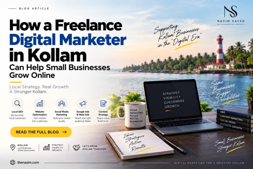 Freelance digital marketer in Kollam helping small businesses grow online through local SEO, website optimization, social media marketing, Google and Meta Ads, and content strategy.