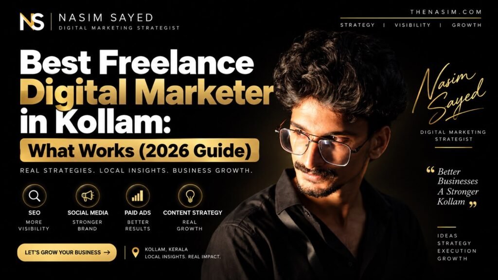 Premium black-and-gold cover for Best Freelance Digital Marketer in Kollam: What Works (2026 Guide), featuring Nasim Sayed, digital marketing strategy, SEO, social media, paid ads, content strategy, and business growth.”